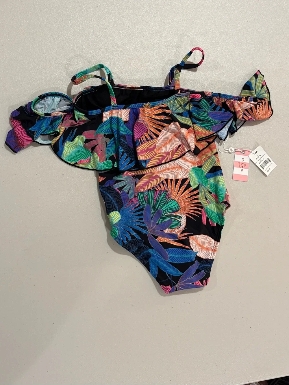 Pilyq Black One-Piece with Bright Tropical Leaf Print